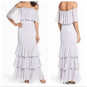 NWT WAYF Lilac Chiffon Ruffled Off-Shoulder Gown